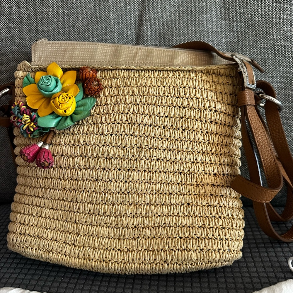 Brighton Straw Crossbody Bag with Colorful Floral Accents